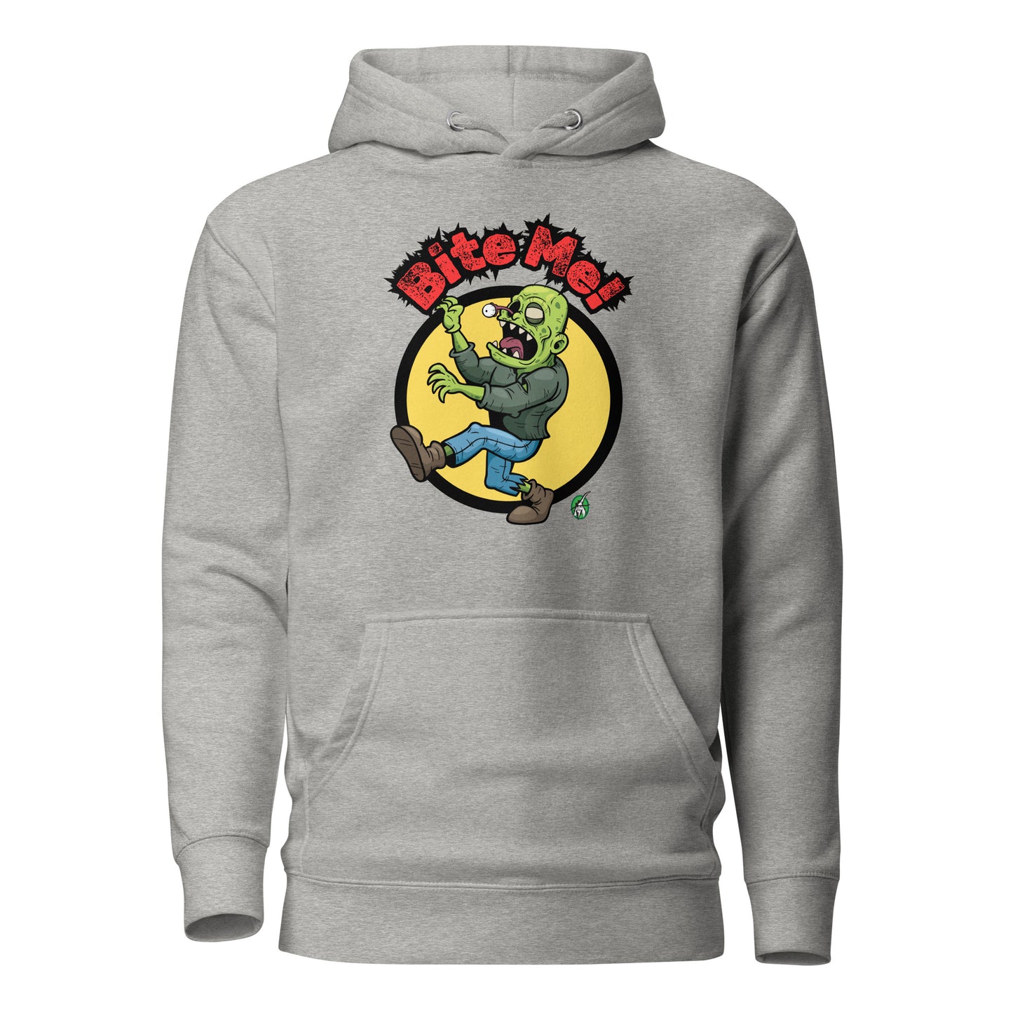 Men's grey hoodie with a printed graphic of a zombie with the words, Bite Me'. Designed by Wizard Prints.