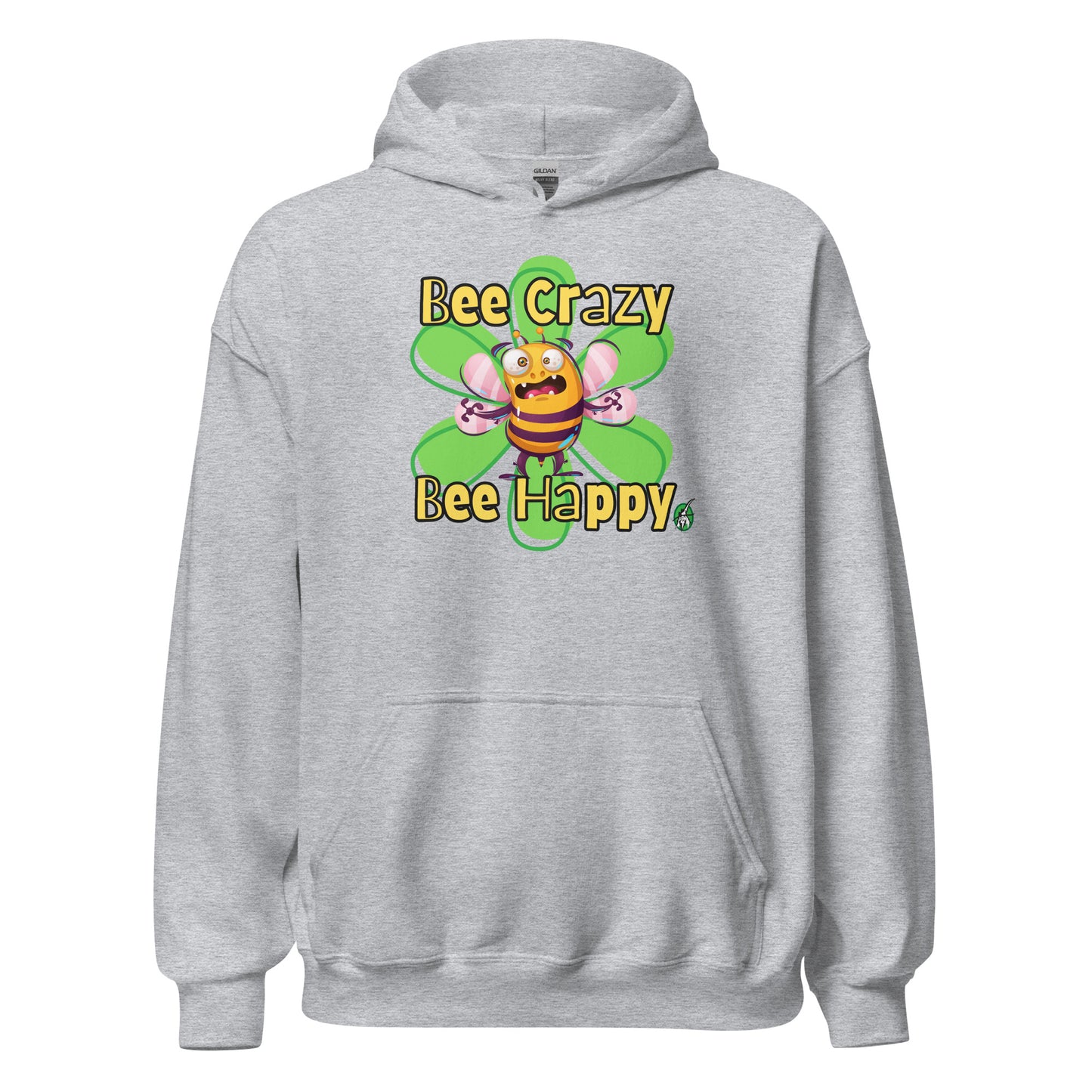Men's light grey hoodie with a printed graphic of a bee with the words, 'Bee Crazy Bee Happy'. Designed by Wizard Prints.