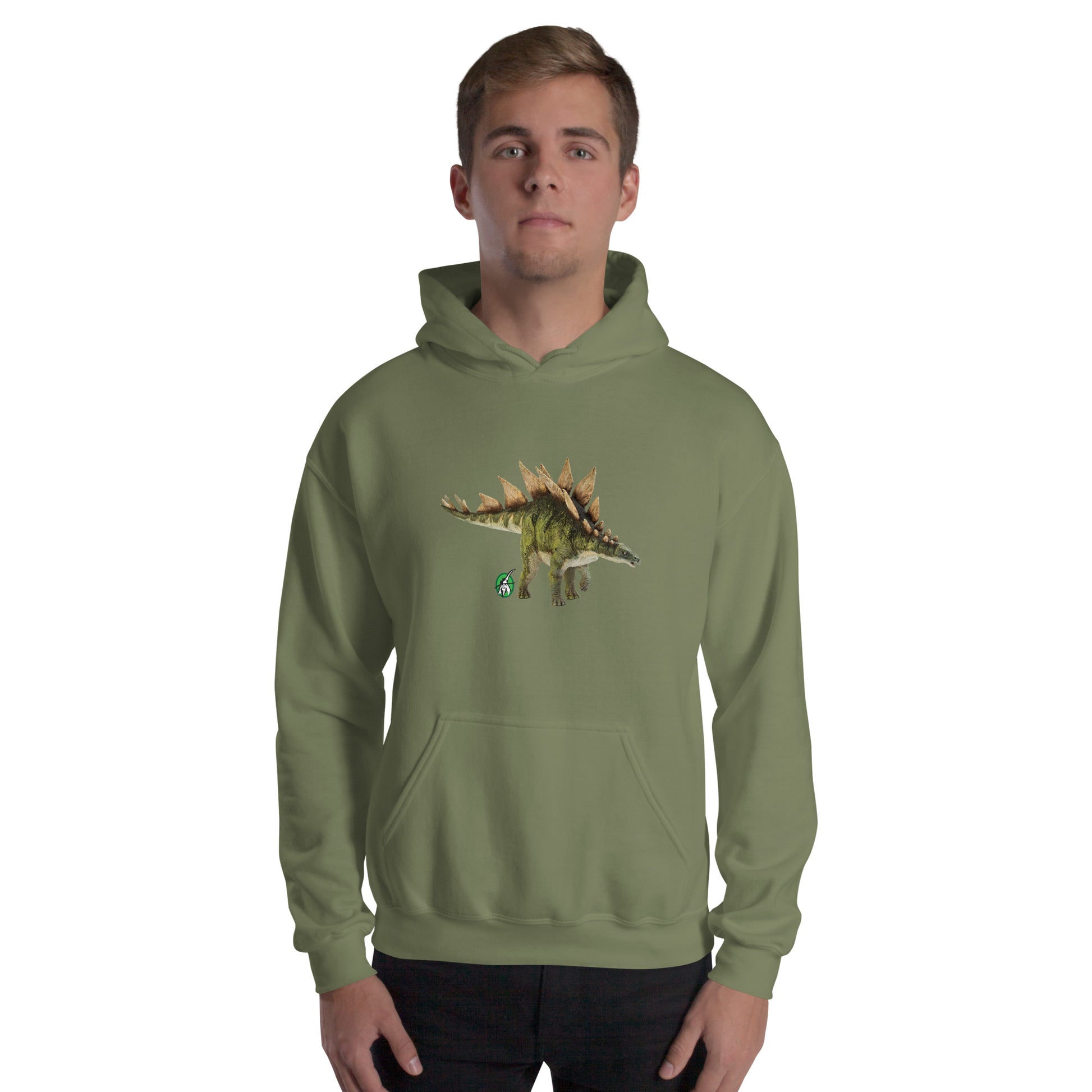Men's military green hoodie with a printed graphic of a life like dinosaur, designed by Wizard Prints
