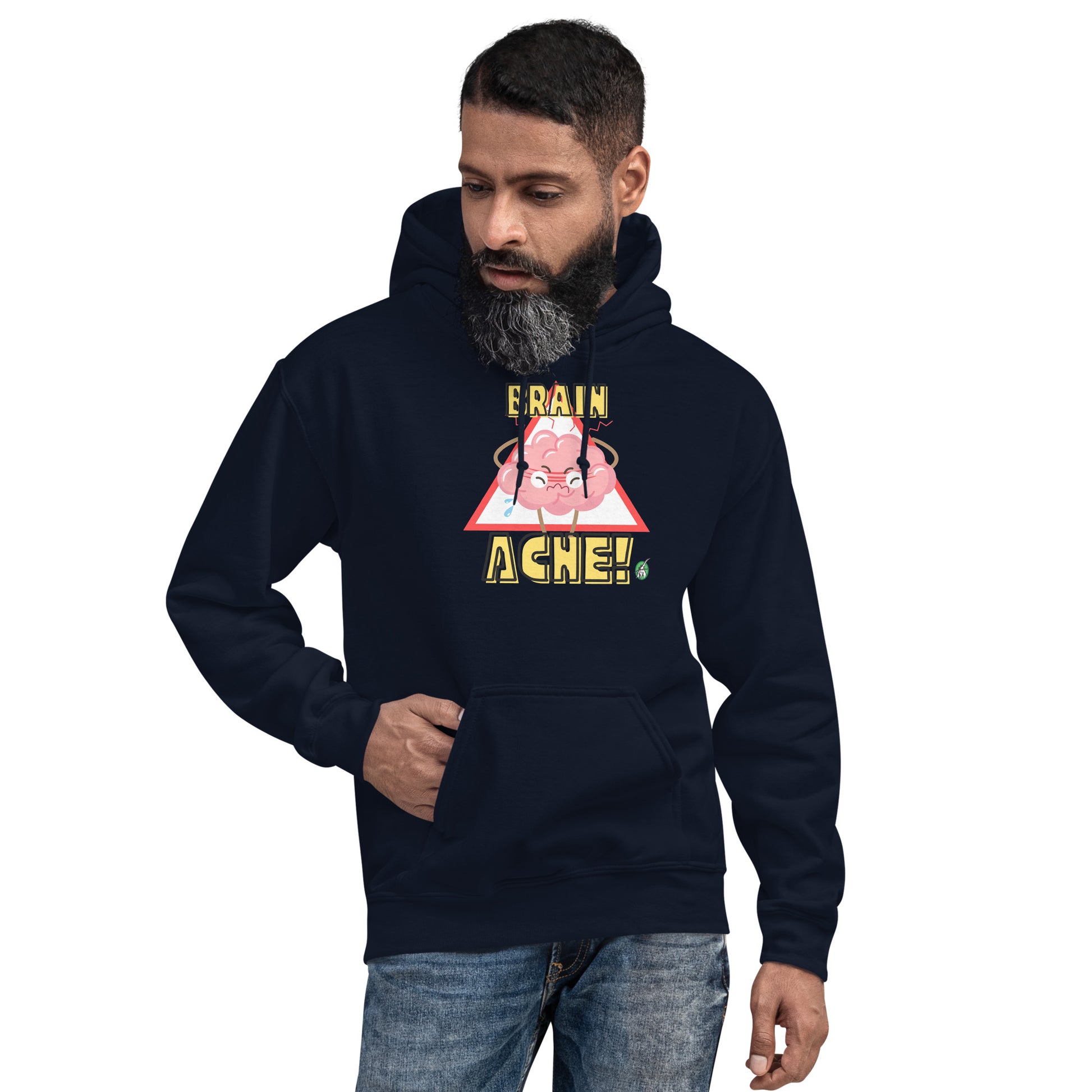 A man standing wearing a navy hoodie with a printed graphic of a brain with the words, Brain Ache. Designed by Wizard Prints.