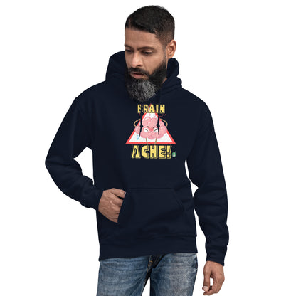 A man standing wearing a navy hoodie with a printed graphic of a brain with the words, Brain Ache. Designed by Wizard Prints.