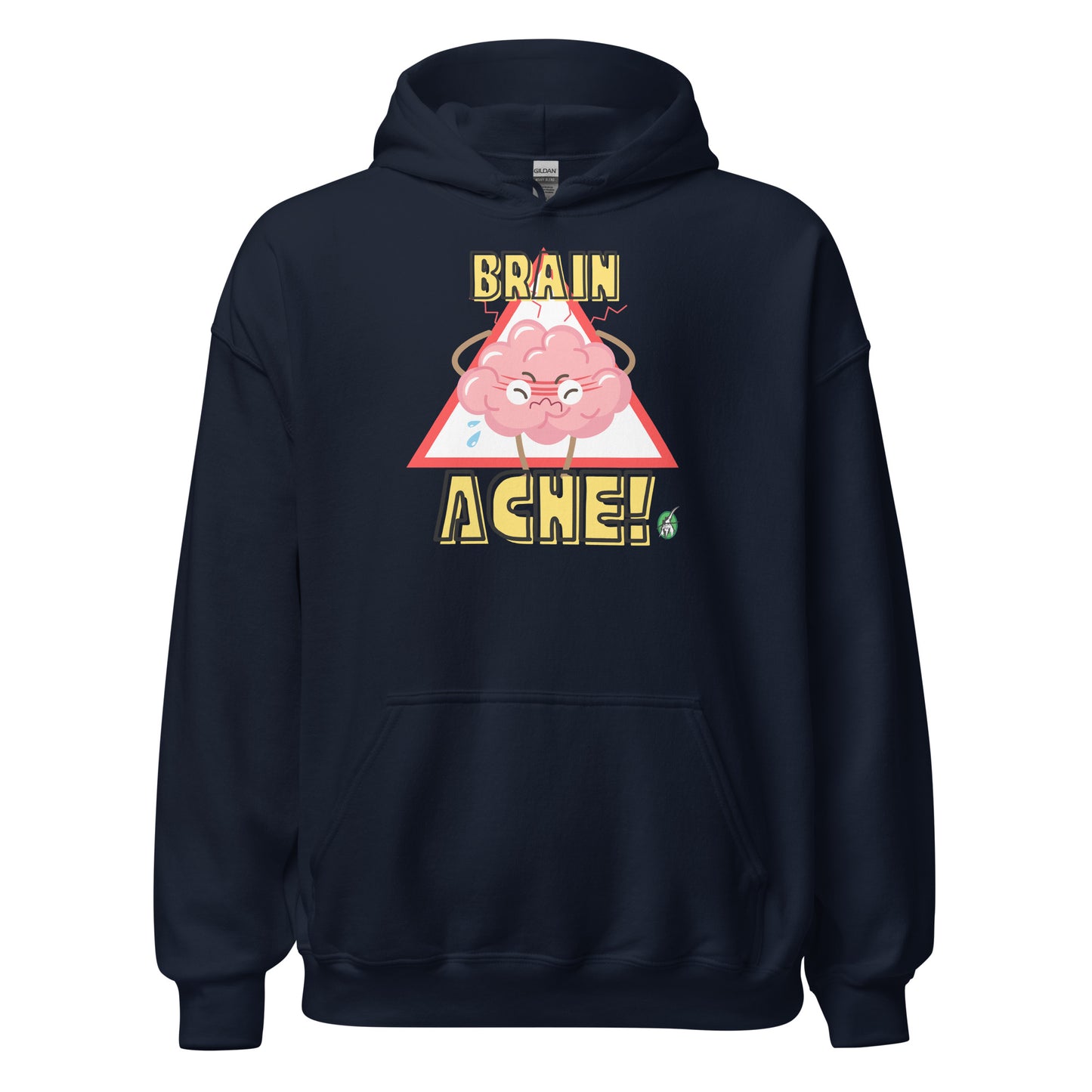 Men's navy hoodie with a printed graphic of a brain with the words, Brain Ache. Designed by Wizard Prints.