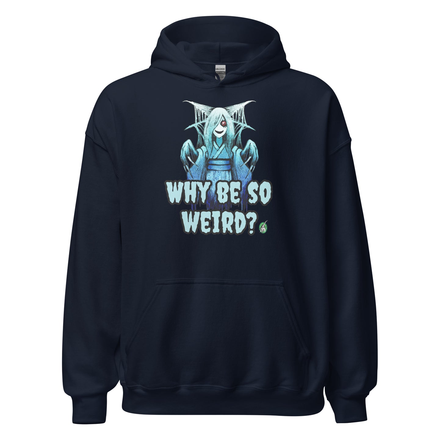Men's navy hoodie with a printed graphic of a blue ghost girl with the words, 'Why Be So Weird?'. Designed by Wizard Prints.