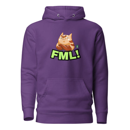 Men's purple hoodie with a printed graphic of a cat with the words, 'FML!'. Designed by Wizard Prints.