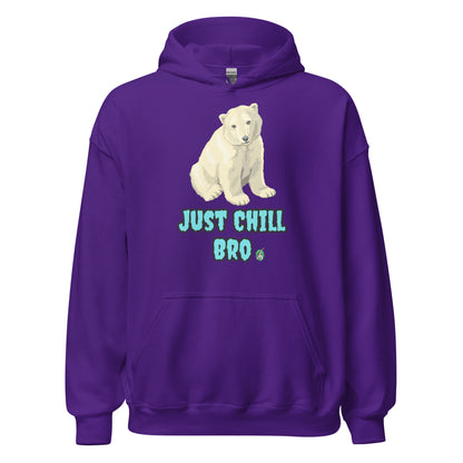 Men's purple hoodie with a printed graphic of a bear with the words, 'Just Chill Bro'. Designed by Wizard Prints.