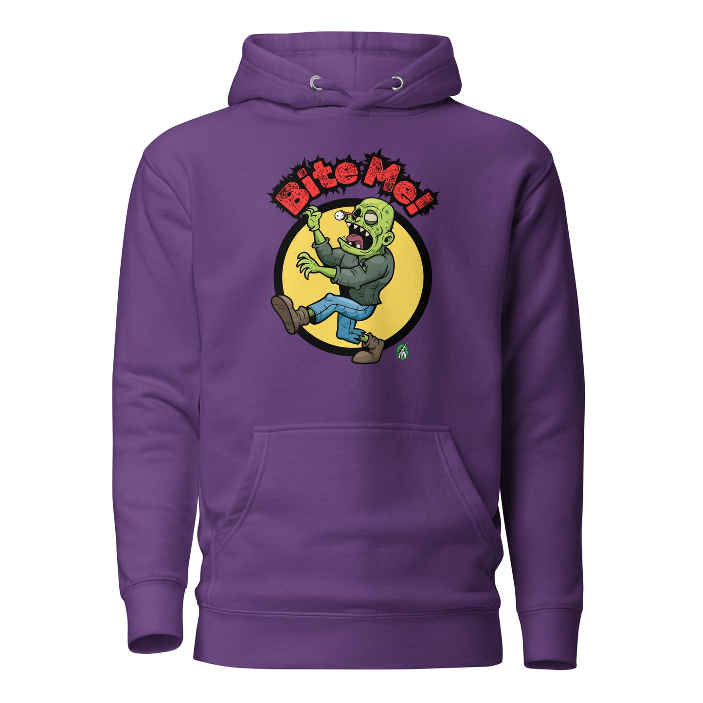 Men's purple hoodie with a printed graphic of a zombie with the words, Bite Me'. Designed by Wizard Prints.