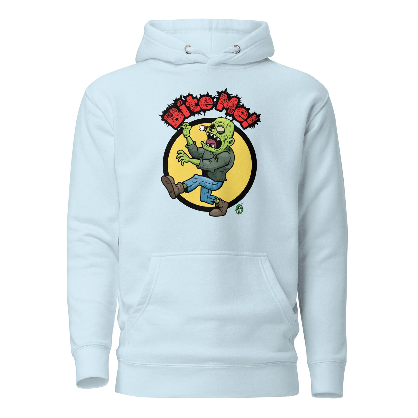Men's sky blue hoodie with a printed graphic of a zombie with the words, Bite Me'. Designed by Wizard Prints.