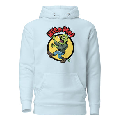Men's sky blue hoodie with a printed graphic of a zombie with the words, Bite Me'. Designed by Wizard Prints.
