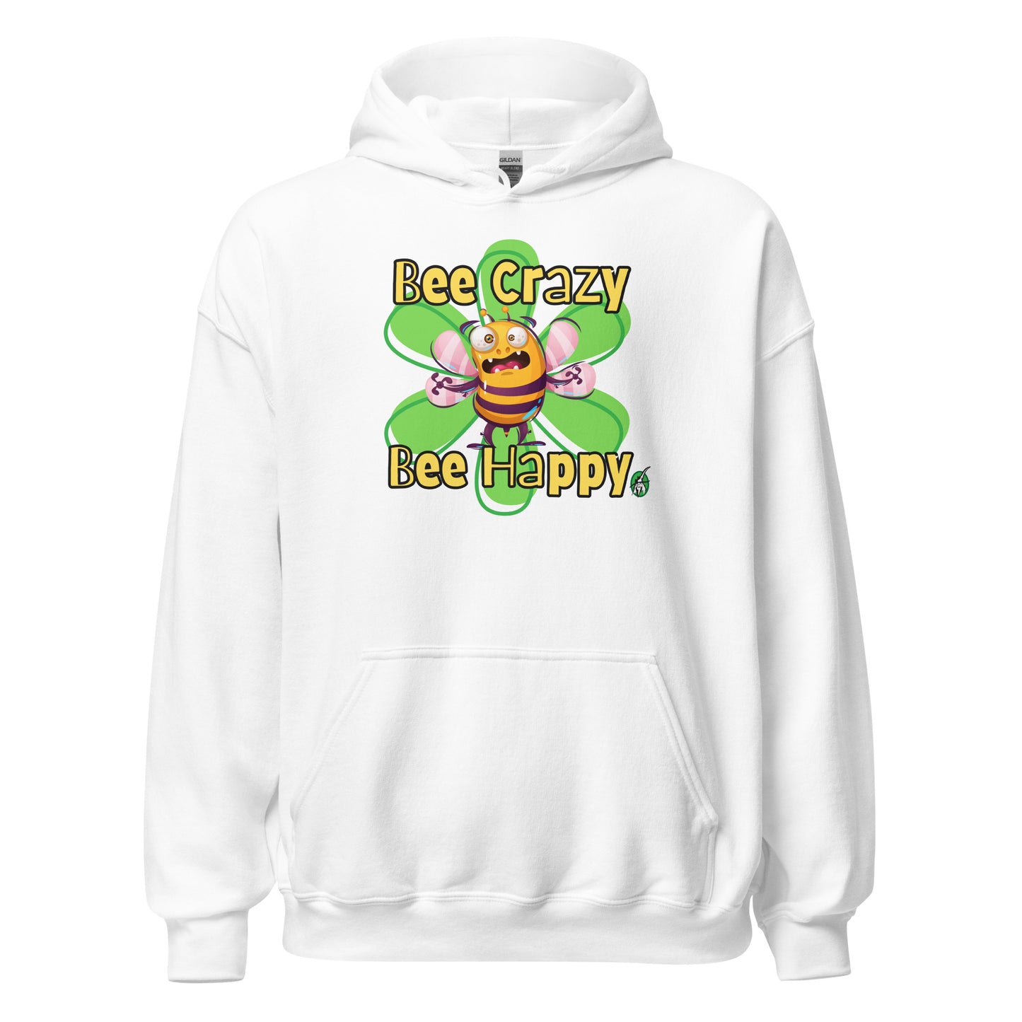 Men's white hoodie with a printed graphic of a bee with the words, 'Bee Crazy Bee Happy'. Designed by Wizard Prints.