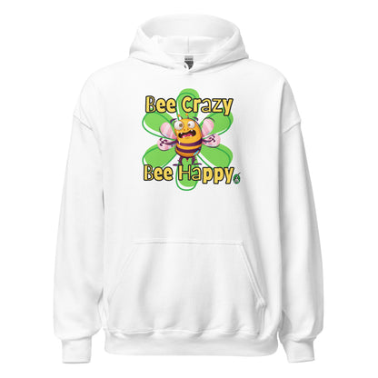 Men's white hoodie with a printed graphic of a bee with the words, 'Bee Crazy Bee Happy'. Designed by Wizard Prints.