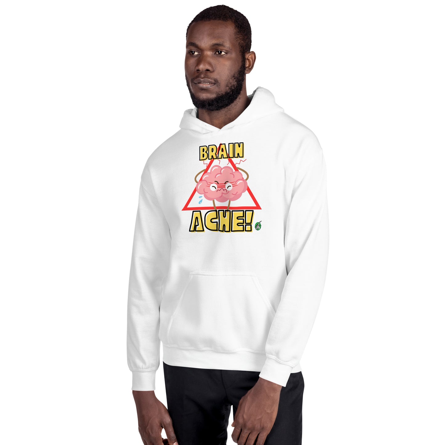 A man standing wearing a white hoodie with a printed graphic of a brain with the words, Brain Ache. Designed by Wizard Prints.