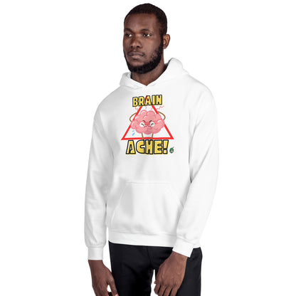 A man standing wearing a white hoodie with a printed graphic of a brain with the words, Brain Ache. Designed by Wizard Prints.