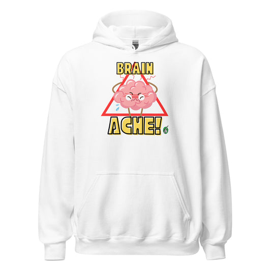 Men's white hoodie with a printed graphic of a brain with the words, Brain Ache. Designed by Wizard Prints.