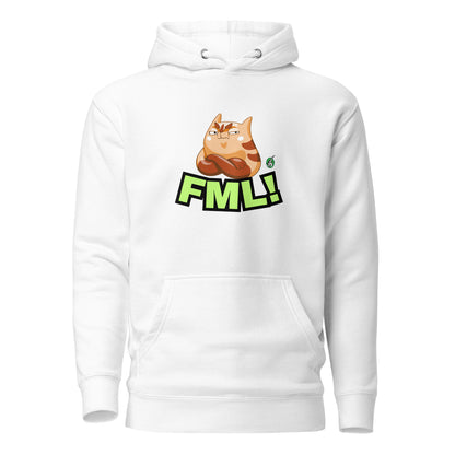 Men's white hoodie with a printed graphic of a cat with the words, 'FML!'. Designed by Wizard Prints.