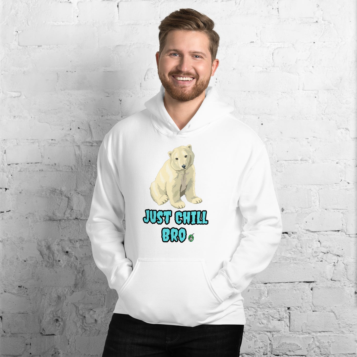A man standing wearing a white hoodie with a printed graphic of a bear with the words, 'Just Chill Bro'. Designed by Wizard Prints.