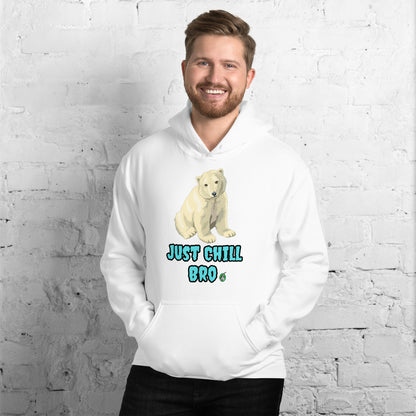 A man standing wearing a white hoodie with a printed graphic of a bear with the words, 'Just Chill Bro'. Designed by Wizard Prints.