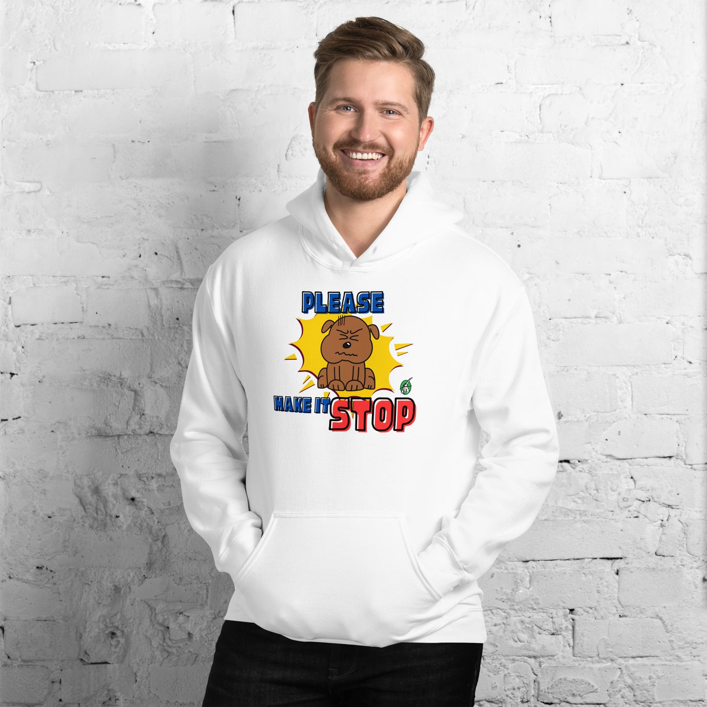 A man standing wearing a white hoodie with a printed graphic of a frowning dog with the words, Please Make It Stop. Designed by Wizard Prints.