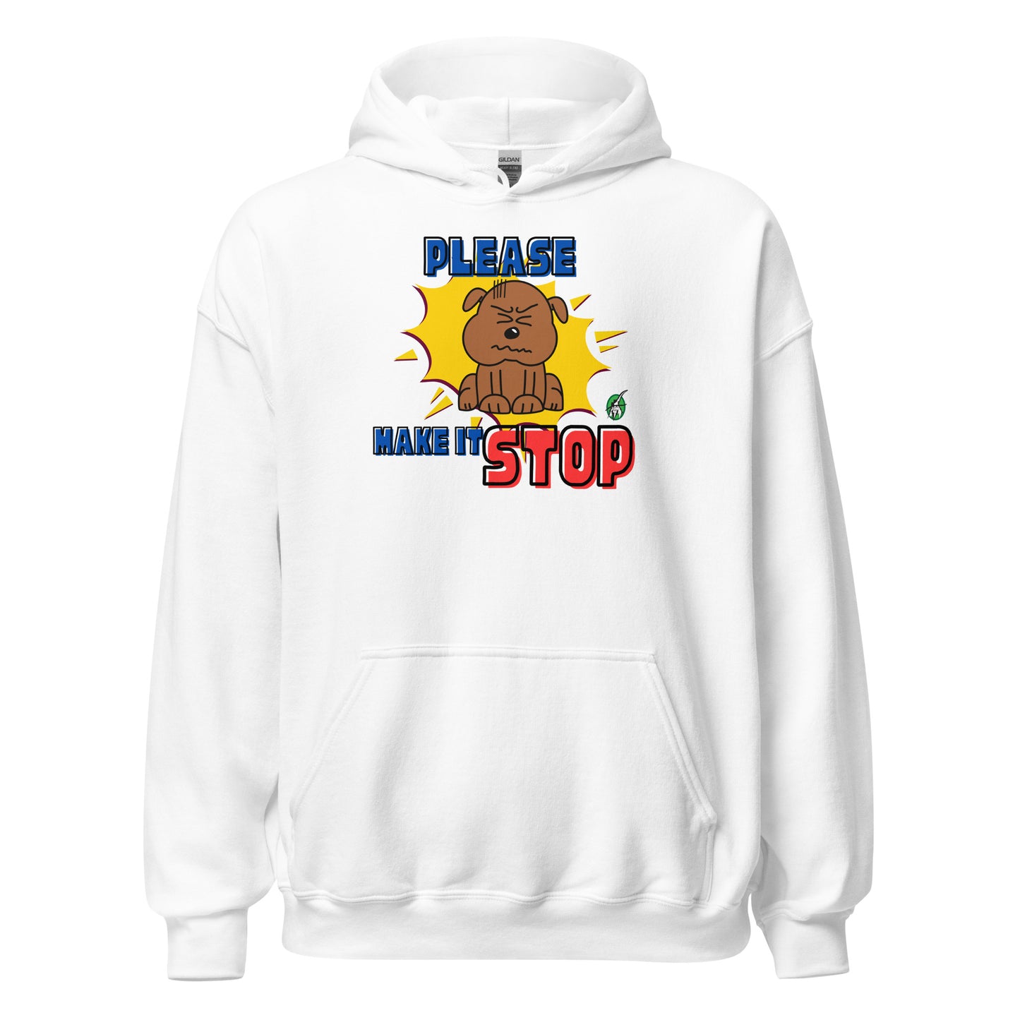 Men's white hoodie with a printed graphic of a frowning dog with the words, Please Make It Stop. Designed by Wizard Prints.