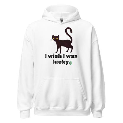 Men's white hoodie with a printed graphic of a cat with the words, 'I wish I was lucky'. Designed by Wizard Prints.