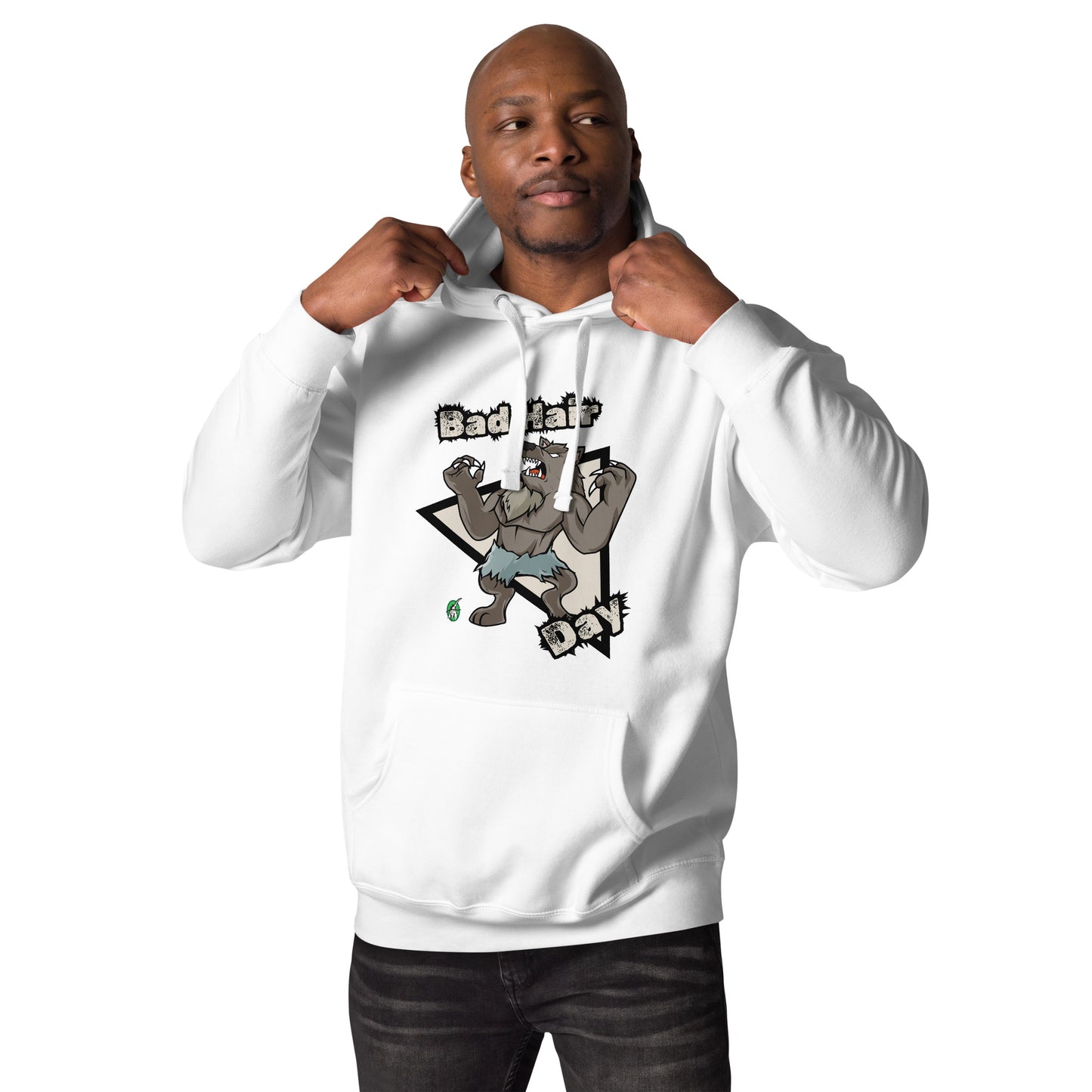 A man standing and wearing a white hoodie with a printed graphic of a werewolf with the words, Bad Hair Day. Designed by Wizard Prints.