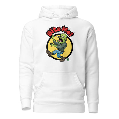 Men's white hoodie with a printed graphic of a zombie with the words, Bite Me'. Designed by Wizard Prints.