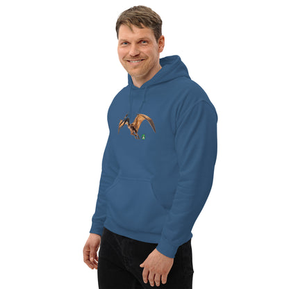 A man standing wearing an indigo blue hoodie with a printed graphic of a life like dinosaur. Designed by Wizard Prints.