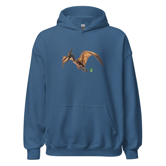 Men's indigo hoodie with a printed graphic of a life like dinosaur. Designed by Wizard Prints.