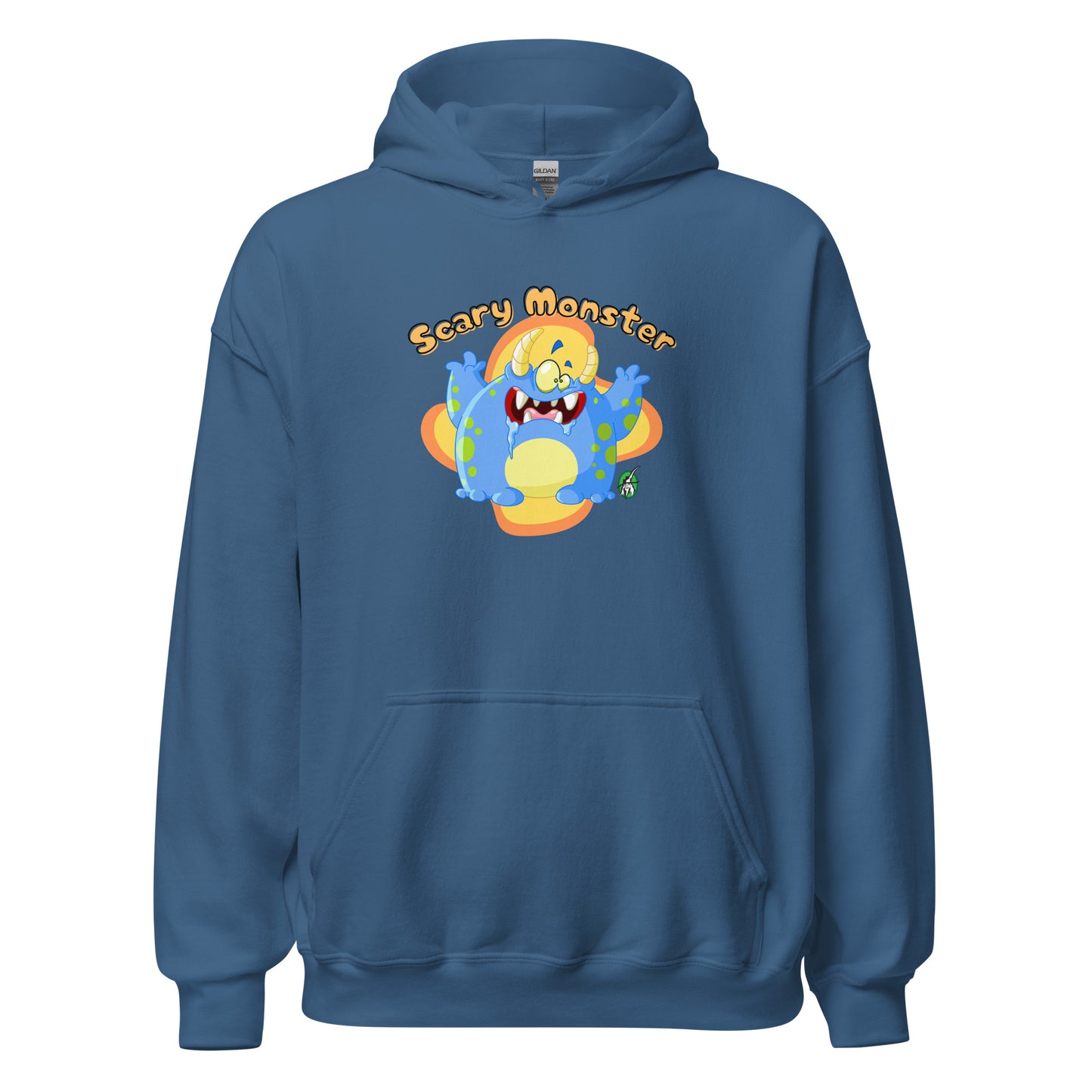 Men's indigo hoodie with a printed graphic of a cartoon monster and the words, Scary Monster. Designed by Wizard Prints.