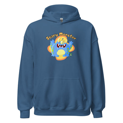 Men's indigo hoodie with a printed graphic of a cartoon monster and the words, Scary Monster. Designed by Wizard Prints.