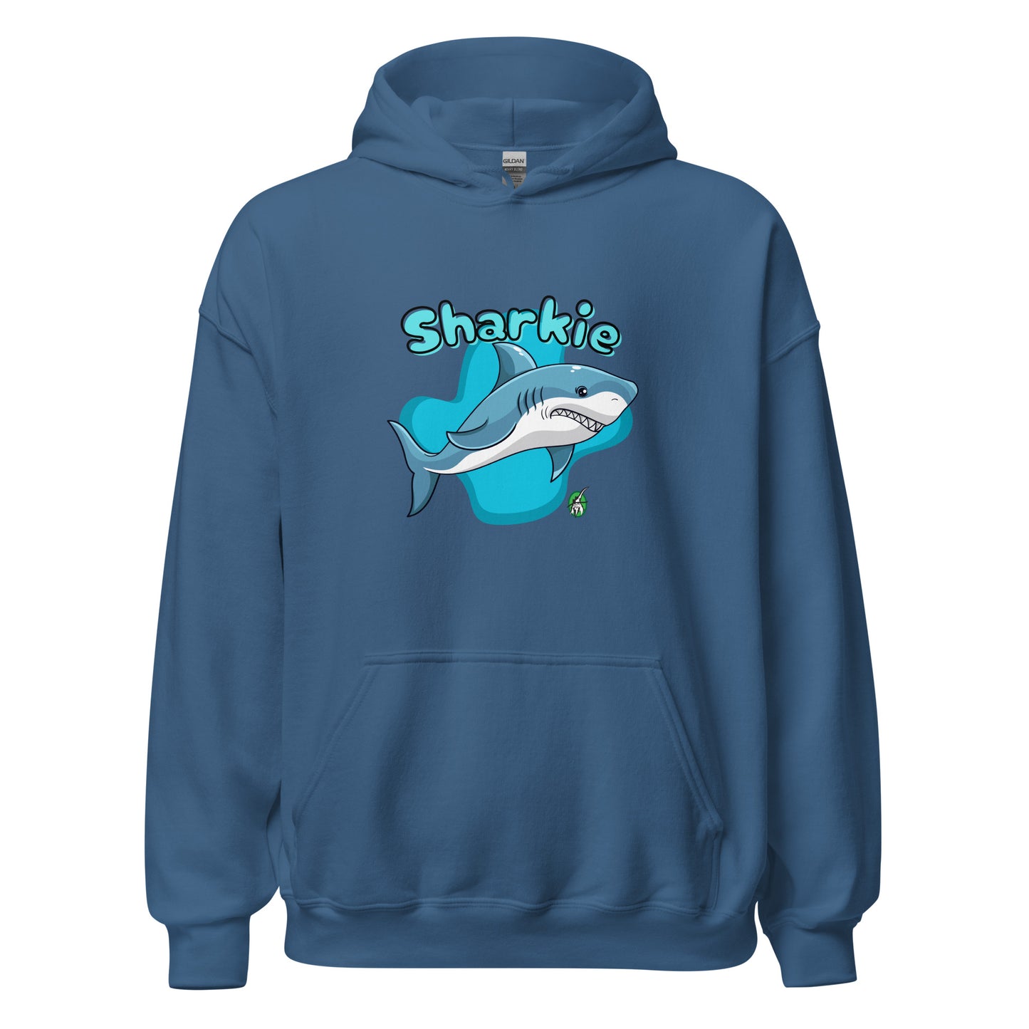 Men's indigo hoodie with a printed graphic of a cartoon shark and the word, Sharkie. Designed by Wizard Prints.
