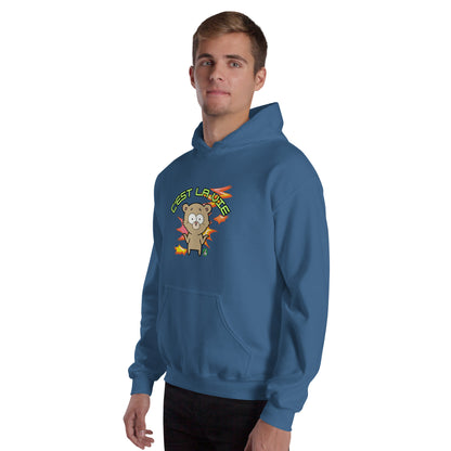A man standing wearing an indigo hoodie by Wizard Prints featuring a printed graphic of a shrugging cartoon bear and the words, C'est La Vie.