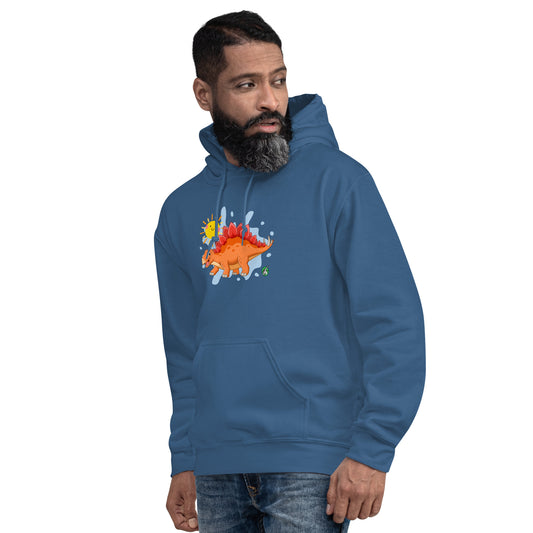 A man standing wearing an indigo hoodie with the printed graphic of an orange cartoon dinosaur and the sun, by Wizard Prints.