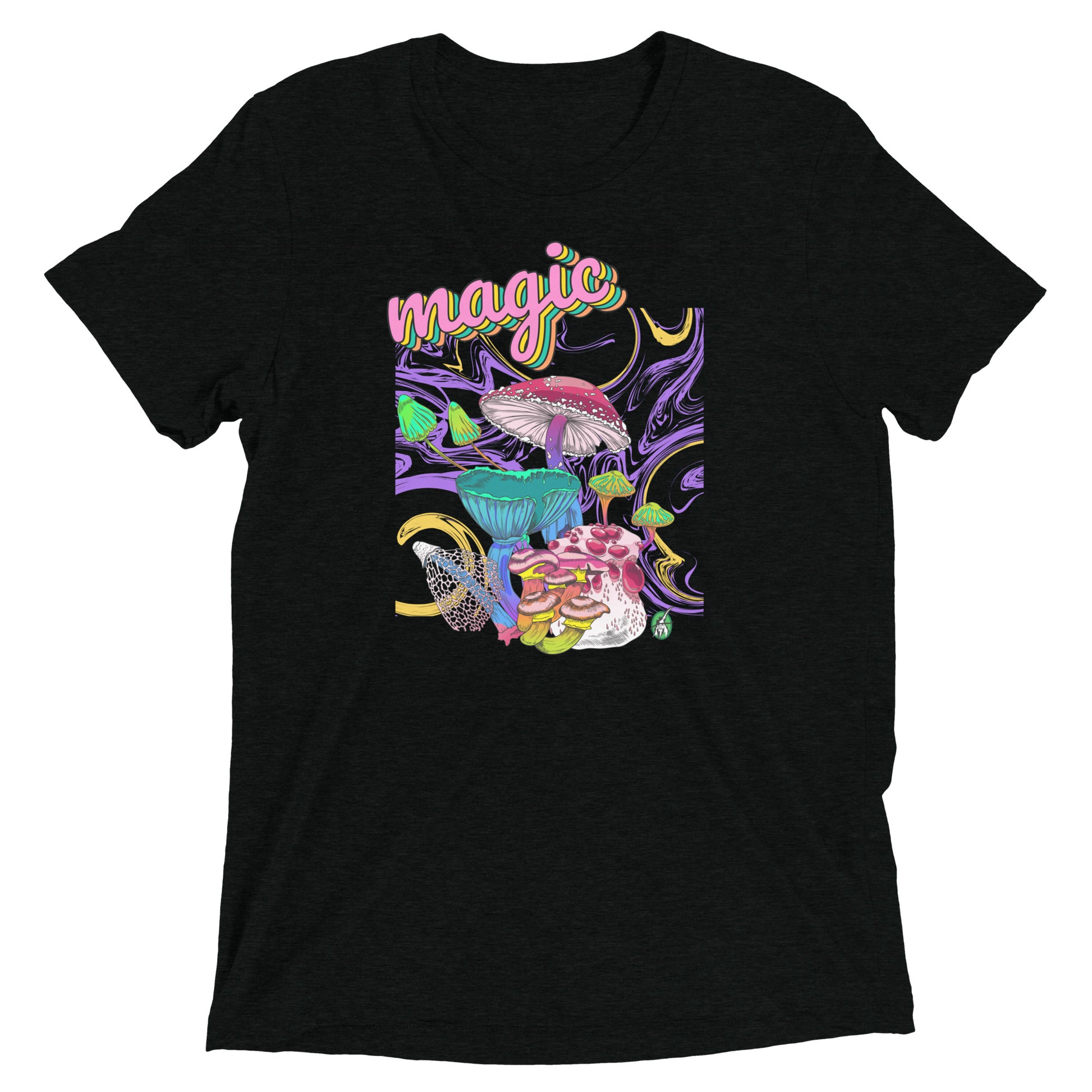 Men's festival graphic t-shirt in black from Wizard Prints Shop with the image of a magic mushroom garden