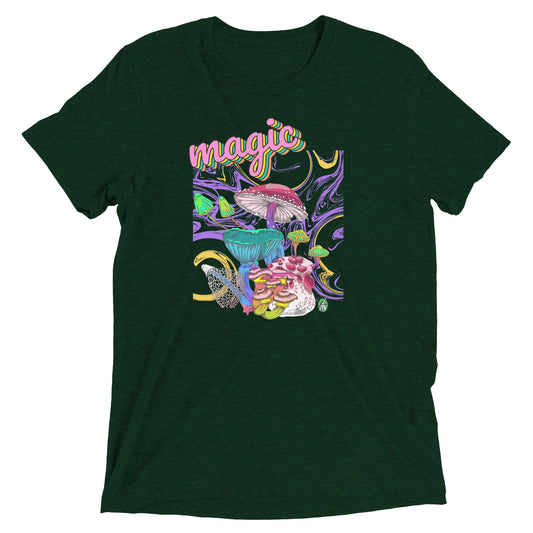 Men's festival graphic t-shirt in green from Wizard Prints Shop with the image of a magic mushroom garden