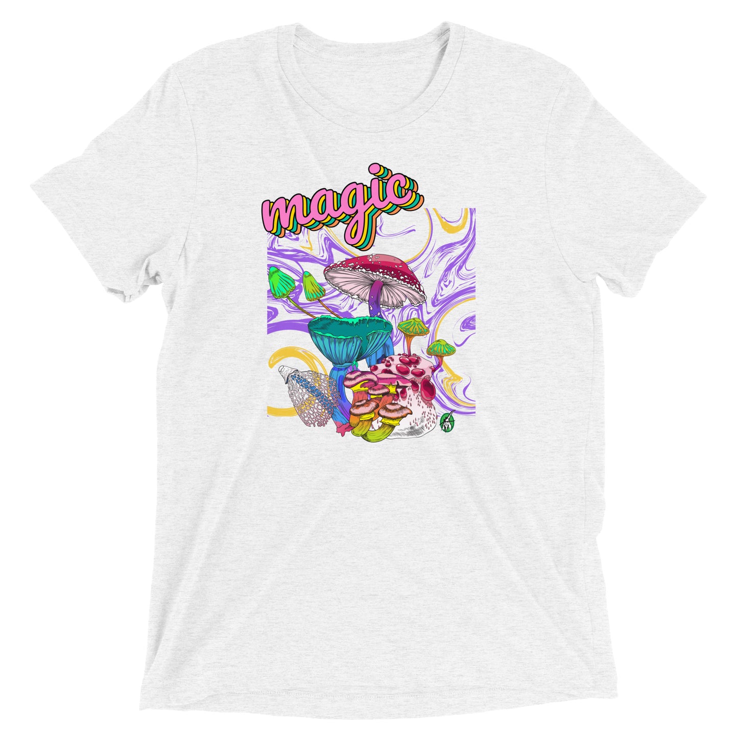 Men's festival graphic t-shirt in white from Wizard Prints Shop with the image of a magic mushroom garden