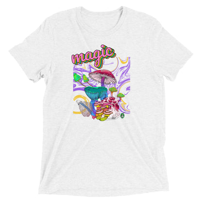 Men's festival graphic t-shirt in white from Wizard Prints Shop with the image of a magic mushroom garden