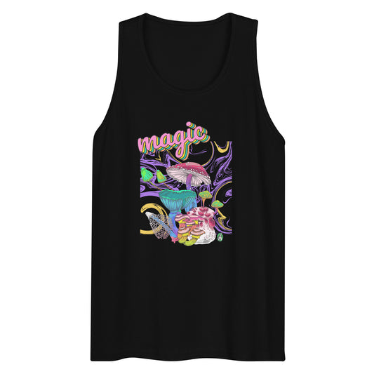 Men's festival graphic tank top in black from Wizard Prints Shop with the image of a magic mushroom garden