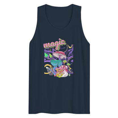 Men's festival graphic tank top in navy from Wizard Prints Shop with the image of a magic mushroom garden