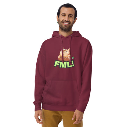 A man standing wearing a maroon hoodie with a printed graphic of a cat with the words, 'FML!'. Designed by Wizard Prints