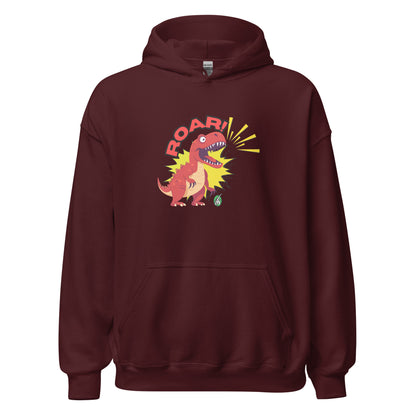 Men's maroon hoodie with a printed graphic of a red roaring cartoon dinosaur and the word Roar! Designed by Wizard Prints