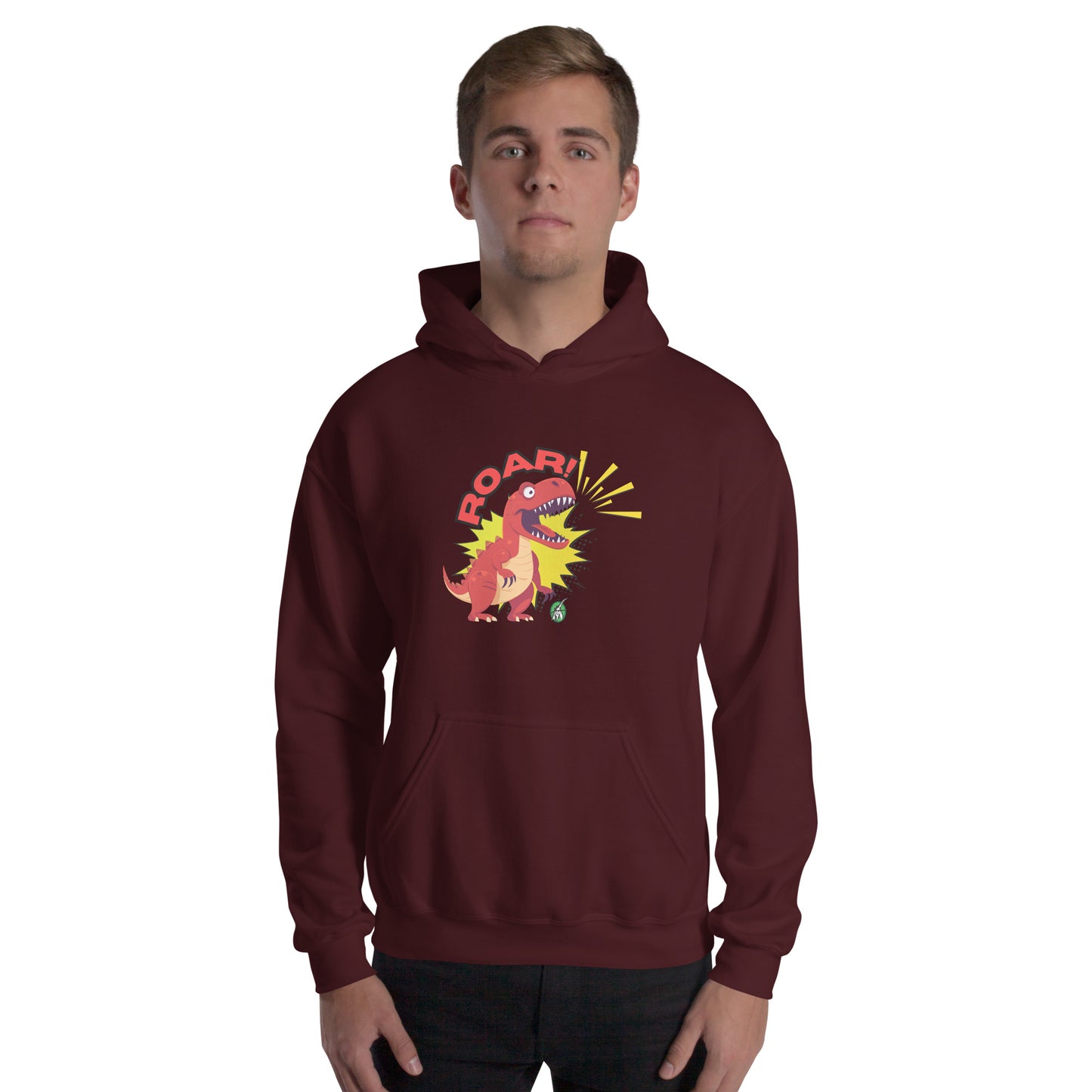 A man standing wearing a maroon hoodie with a printed graphic of a red roaring cartoon dinosaur and the word Roar! Designed by Wizard Prints