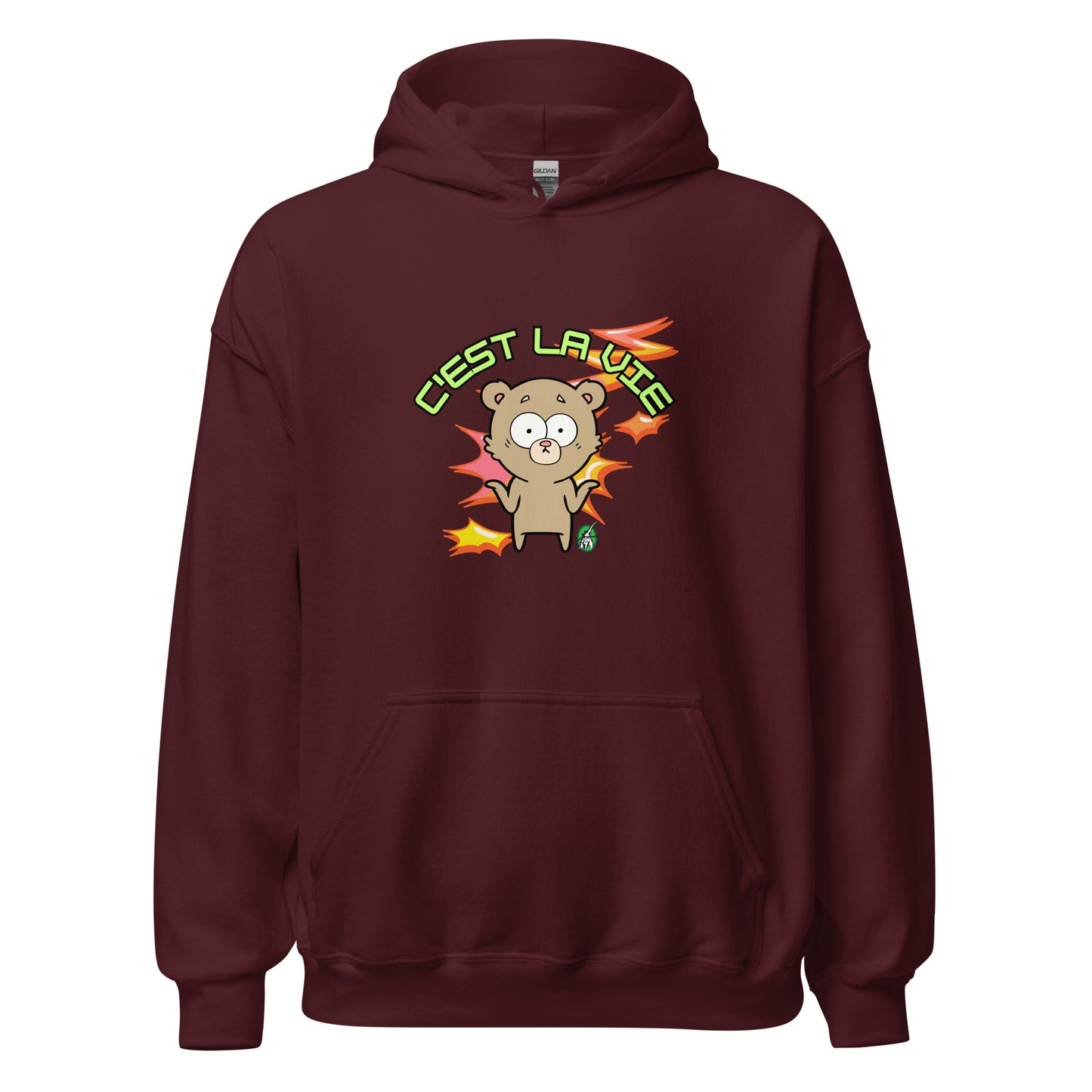 Men's maroon hoodie by Wizard Prints featuring a printed graphic of a shrugging cartoon bear and the words, C'est La Vie.