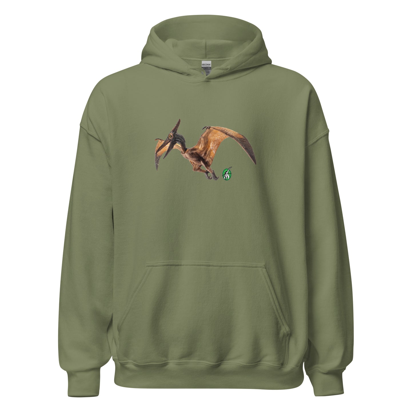 Men's military green hoodie with a printed graphic of a life like pterodactyl dinosaur. Designed by Wizard Prints.