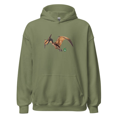 Men's military green hoodie with a printed graphic of a life like pterodactyl dinosaur. Designed by Wizard Prints.