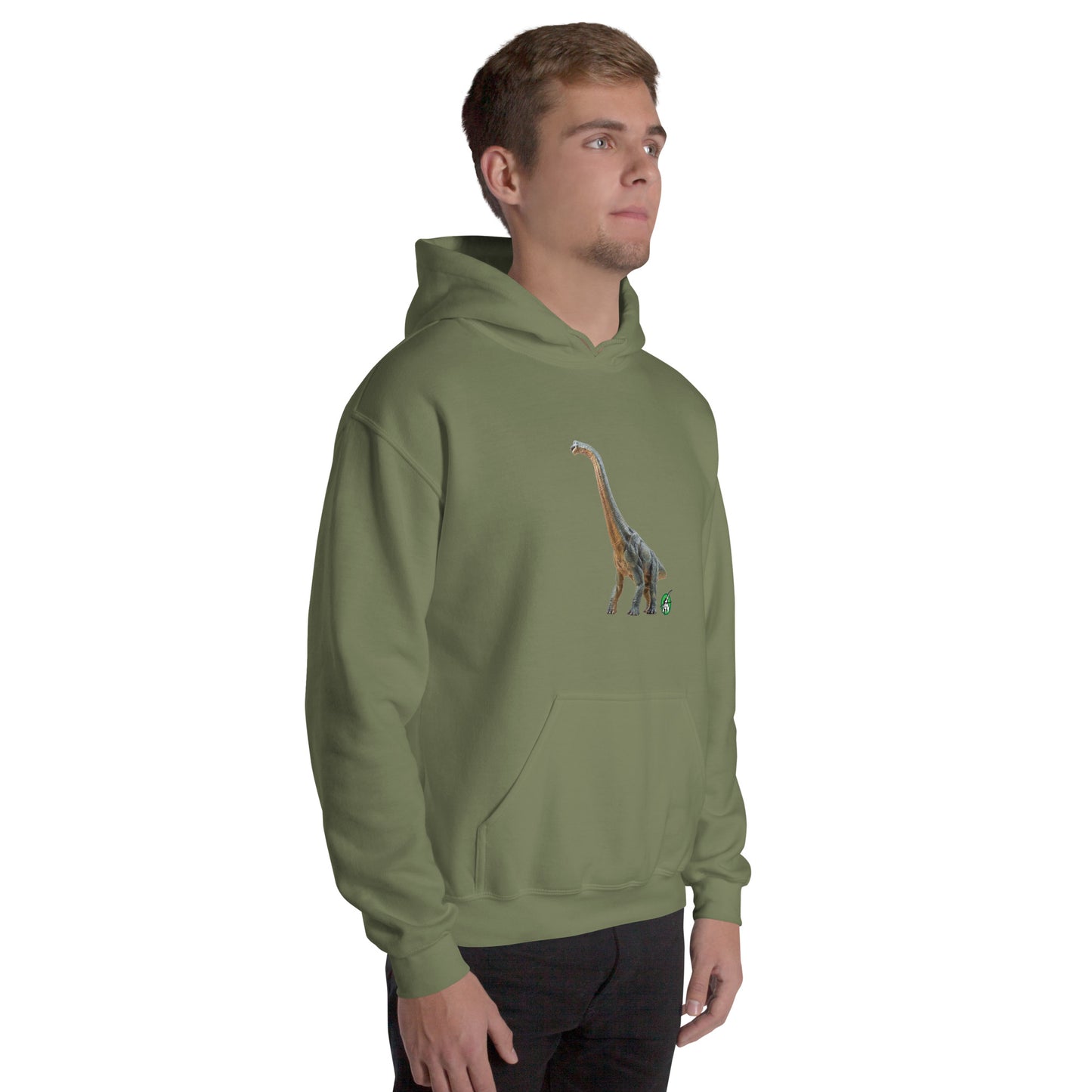 A man standing wearing a military green hoodie with a printed graphic of a life like dinosaur, designed by Wizard Prints