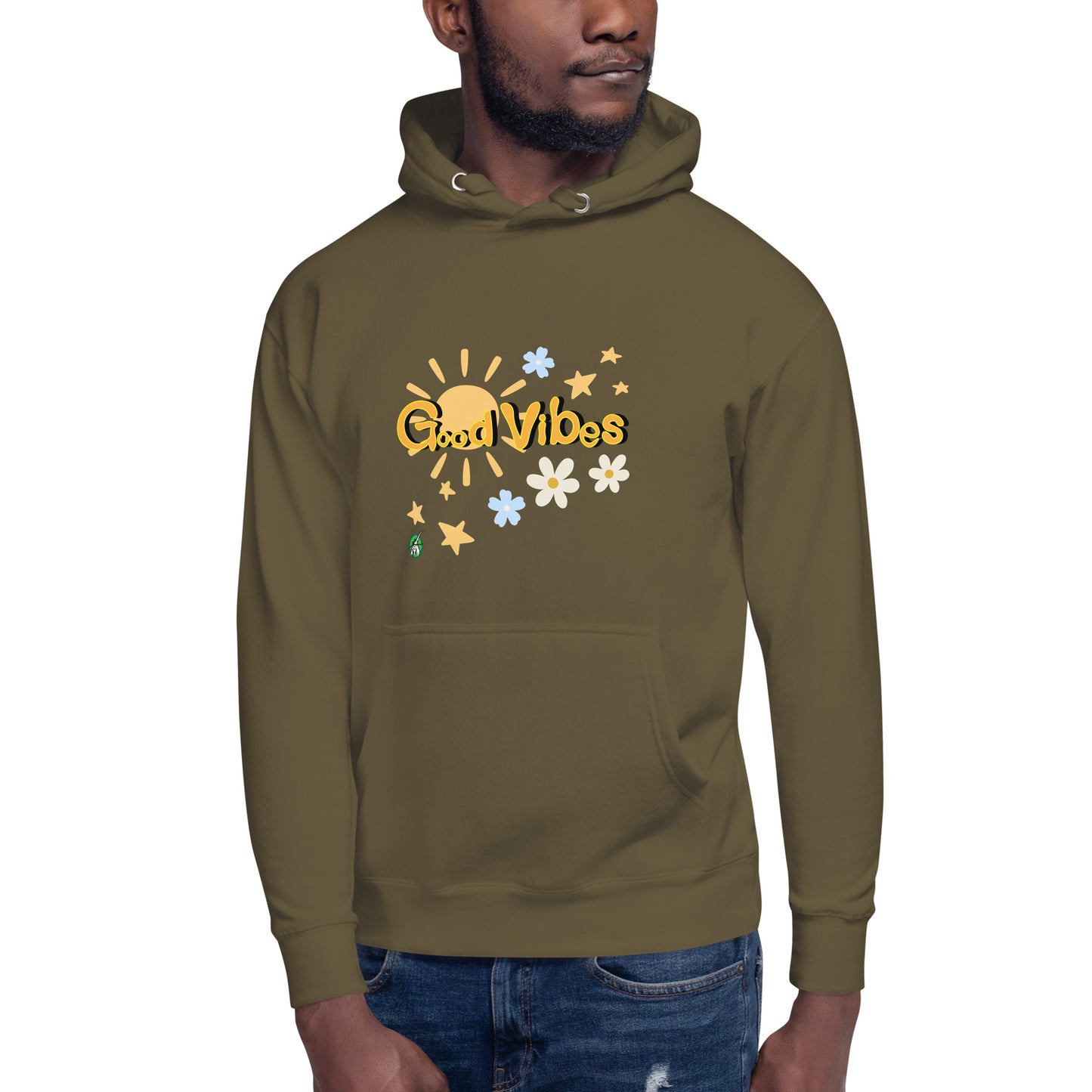 A man standing wearing a military green hoodie with a printed graphic of the sun with the words, 'Good Vibes'. Designed by Wizard Prints