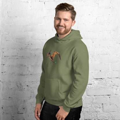 A man standing wearing a military green hoodie with a printed graphic of a life like dinosaur. Designed by Wizard Prints.