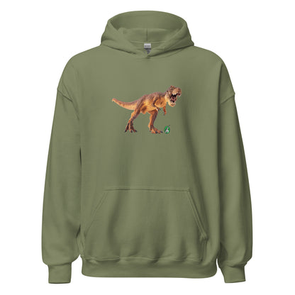 Men's military green hoodie with a printed graphic of a life like dinosaur. Designed by Wizard Prints.
