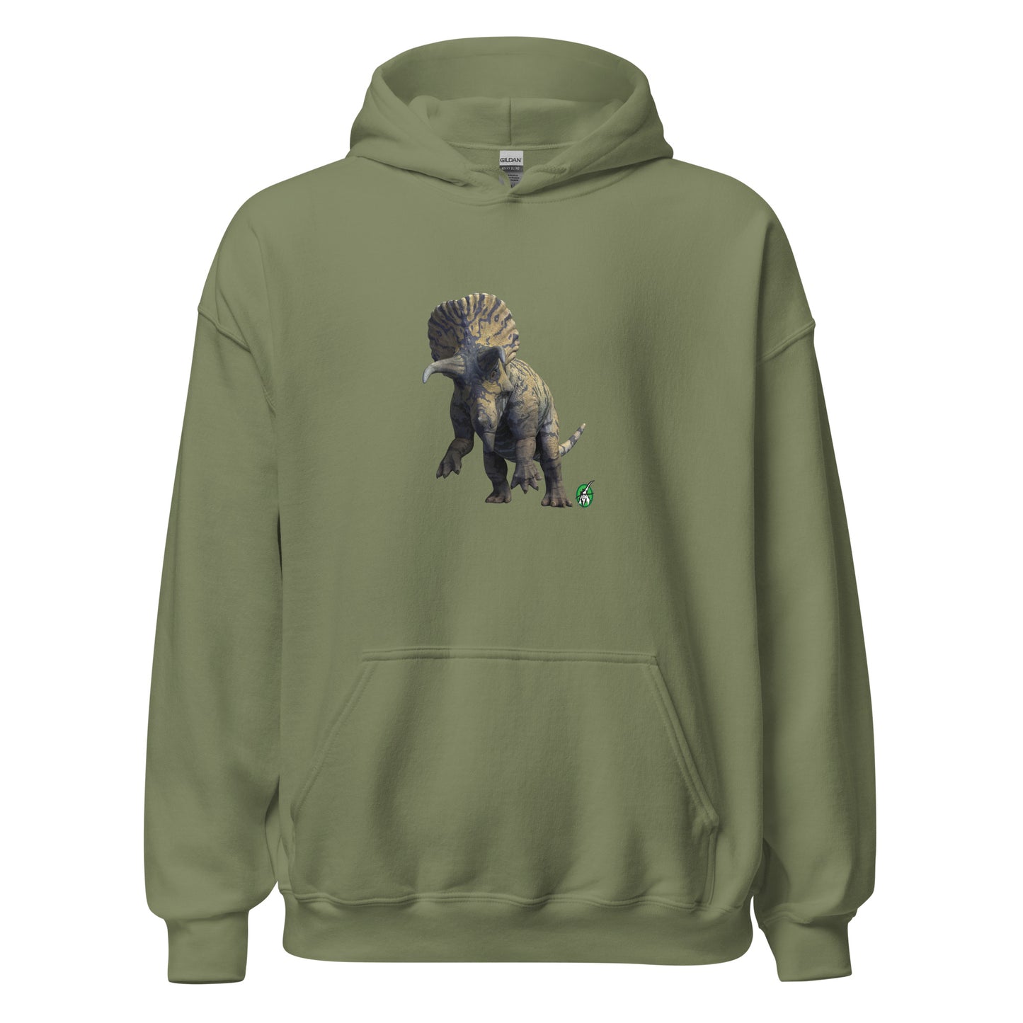 Men's military green hoodie with a printed graphic of a life like dinosaur. Designed by Wizard Prints.