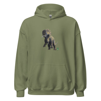 Men's military green hoodie with a printed graphic of a life like dinosaur. Designed by Wizard Prints.